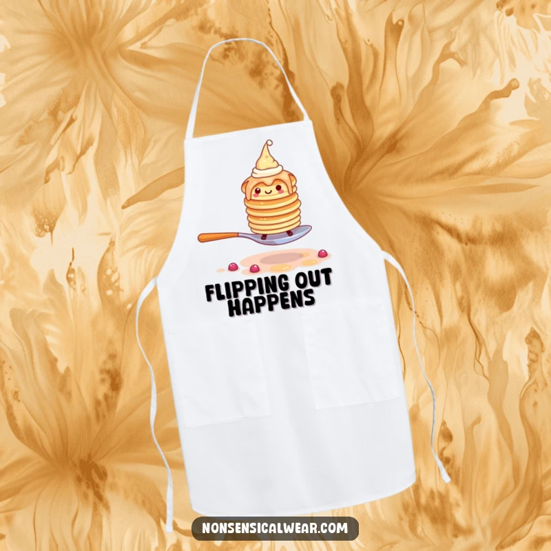 Funny pancake apron showcasing a wobbly stack wearing tiny hats, attempting spoon-walking, ready to cook.