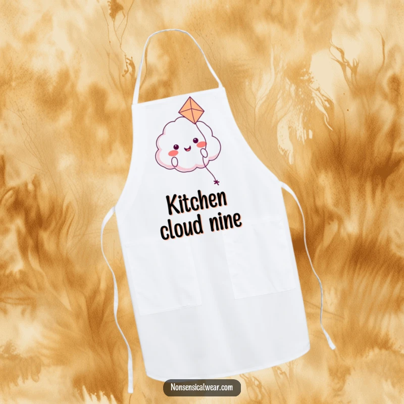 Funny apron showcasing a smiling cloud character happily floating while holding a kite string, adding whimsy to cooking.