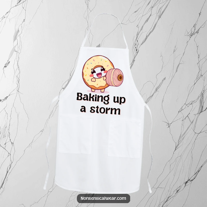 Funny apron with a giggling donut character hilariously attempting to wind a large spool of thread, a practical and amusing item.