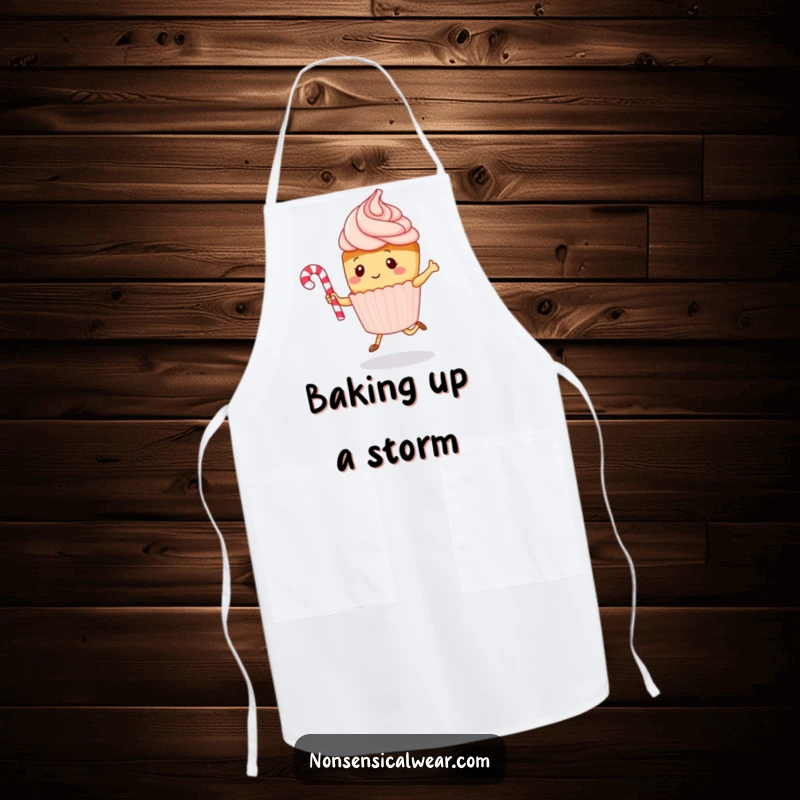Funny kawaii cupcake character energetically jumping rope with a candy cane, on a practical kitchen apron, offering humorous cooking fun.