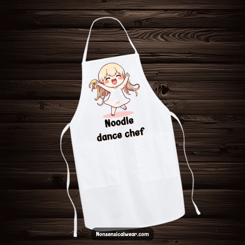 Funny apron featuring a character joyfully dancing with a large, wiggling noodle while cooking, keeping you clean and amused, a great kitchen accessory.