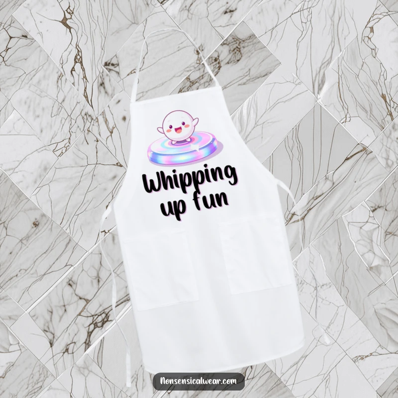 Funny Apron: A playful, spherical character gleefully spinning on a vibrant, iridescent platform, great for kitchen fun.