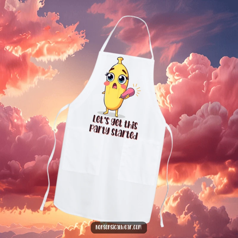 Funny surprised banana character with wide eyes holding a party popper on a practical kitchen apron, offering humorous cooking fun.