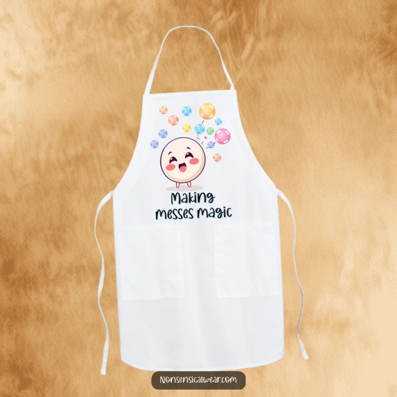 Funny Apron: A delighted circle character in the kitchen blowing a stream of colorful, floating bubbles, making cooking fun.