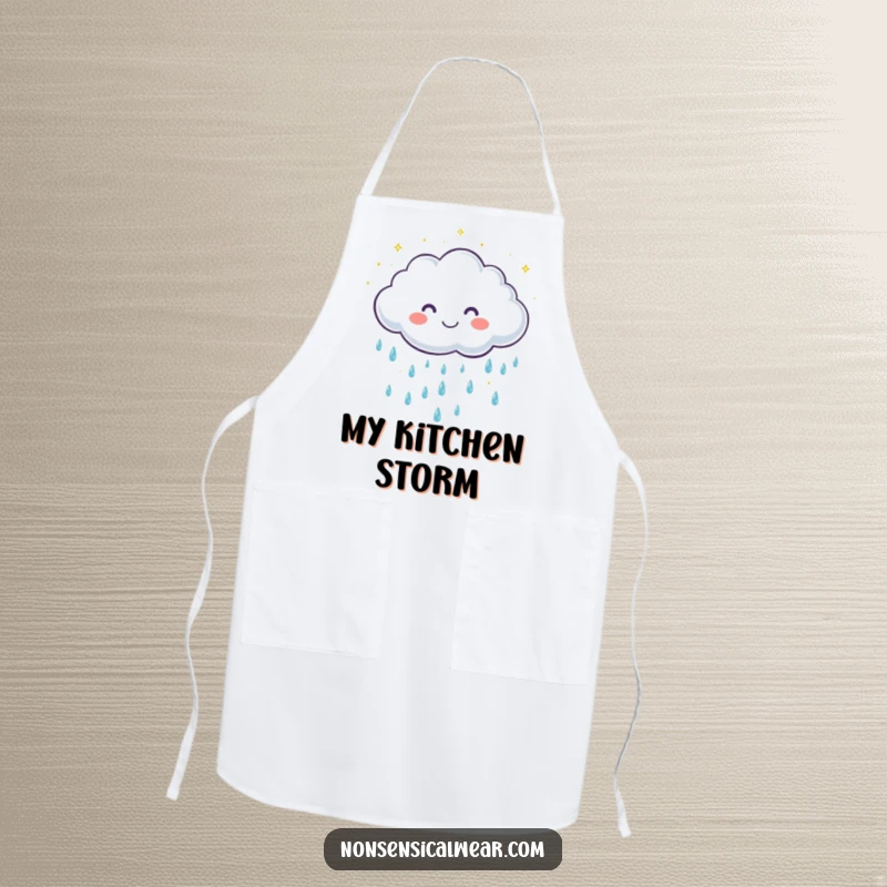 Funny apron featuring a cute, smiling cloud character gently showering sparkling raindrops, perfect for a happy cooking experience.