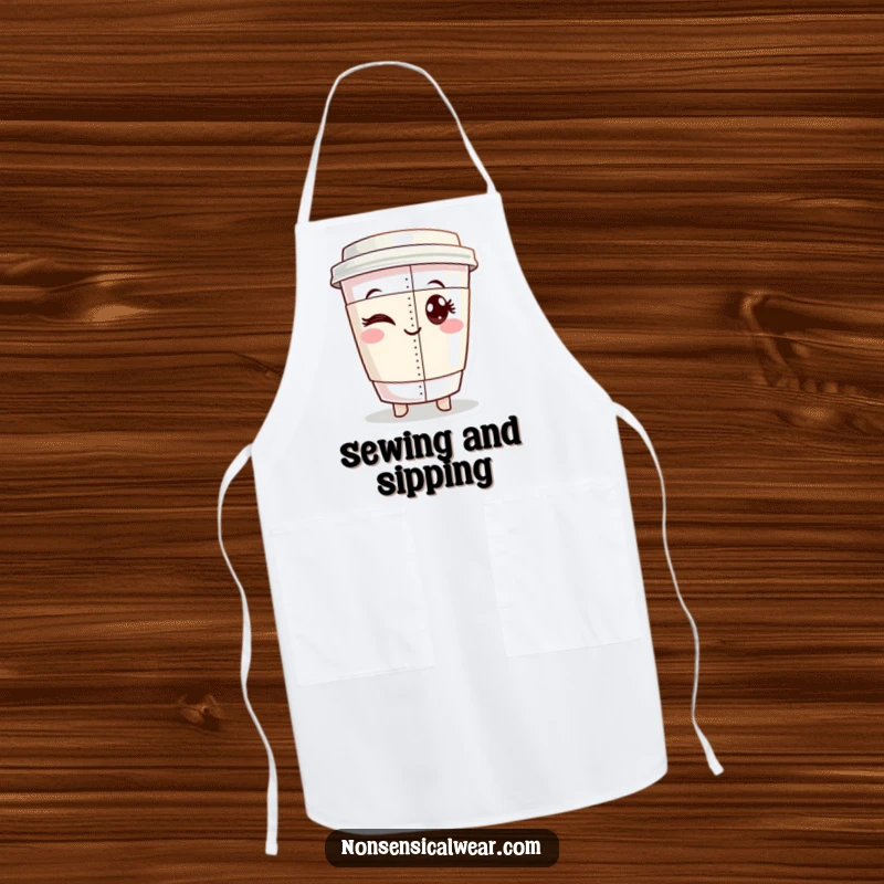 Funny apron with a winking coffee cup character proudly displaying a perfectly sewn seam, a humorous and practical sewing accessory.