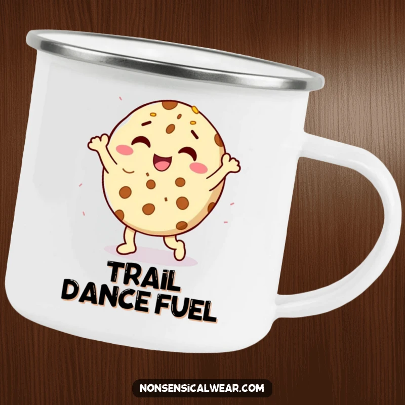 Funny delighted cookie character doing a happy dance with sprinkles on an enamel camping mug, a humorous outdoor companion.