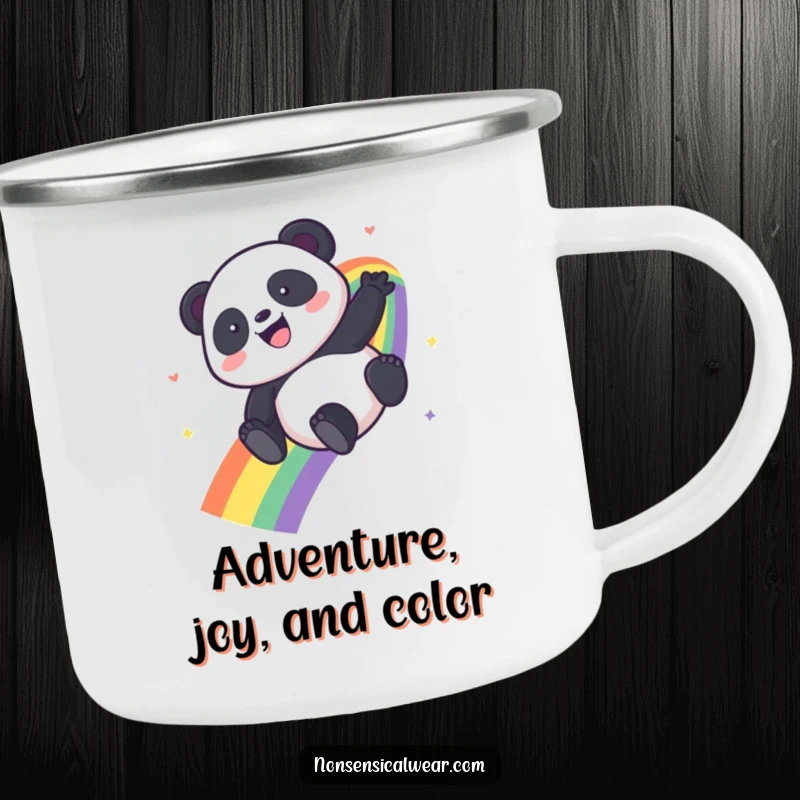 Funny Kawaii Panda camping mug showing a panda sliding down a rainbow, ideal for outdoor enthusiasts.