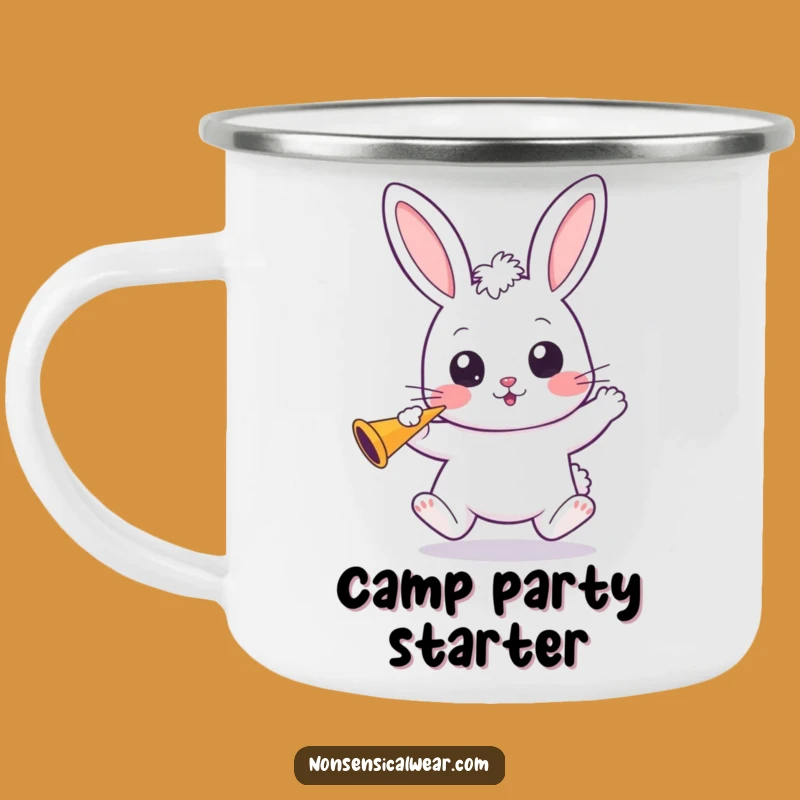 Funny Kawaii Bunny Camping Mug: Festive Adventures with Wide Eyes and Party Horns