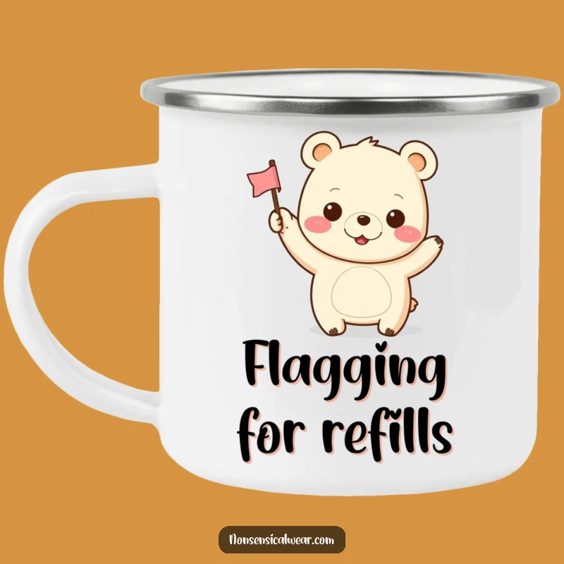 Funny Kawaii Bear Camping Mug: Cheerful Adventures with a Tiny Flag and Happy Grin