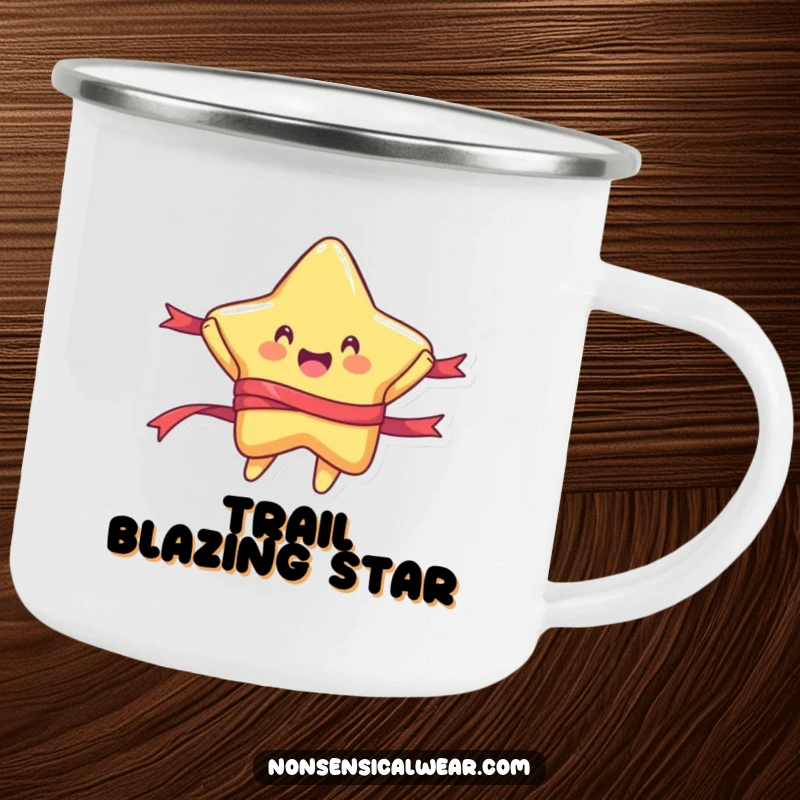 Funny camping mug with a rounded star character joyfully jumping with a ribbon, ready for any outdoor escapade.