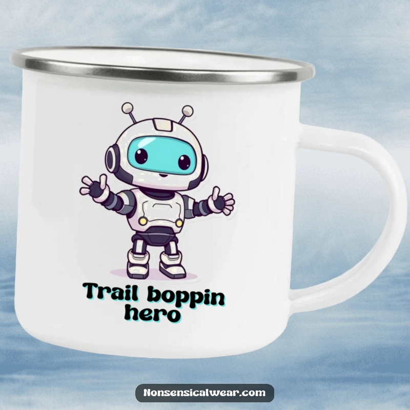 Funny robot camping mug with a playful character doing a happy little bop, great for outdoor beverages.