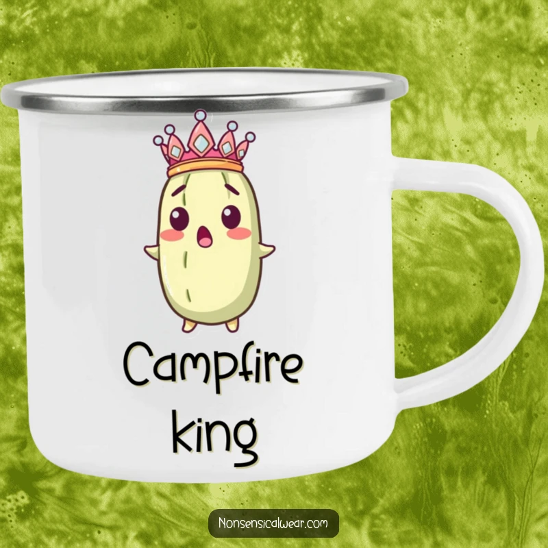 Funny surprised pickle wearing a tiny crown sideways on a rugged camping mug. Humorous and regal.