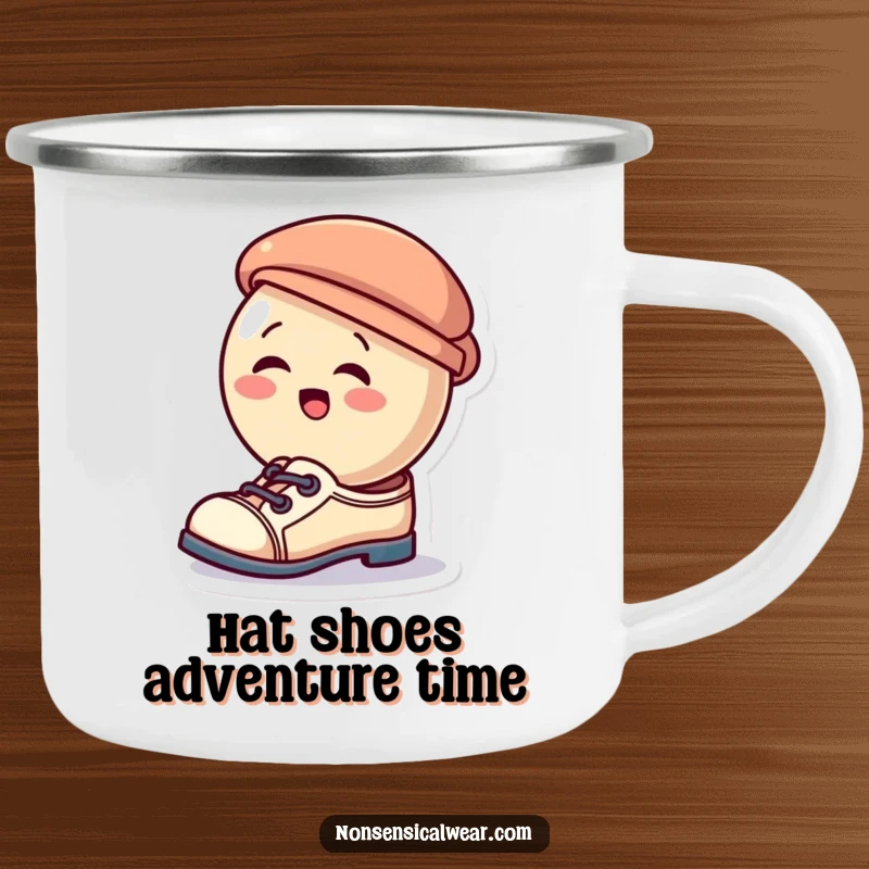 Funny camping mug featuring a giggling button using a tiny hat as shoes, ideal for outdoor fun and laughter.