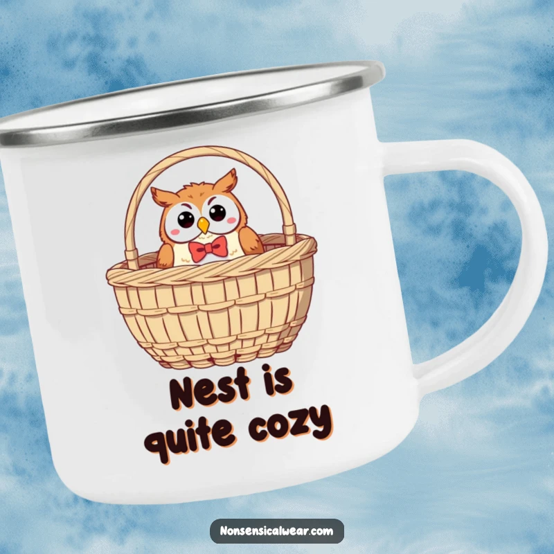 Funny Owl Camping Mug: A dapper owl with a bow tie peeks from a sewing basket, ready for outdoor adventures.