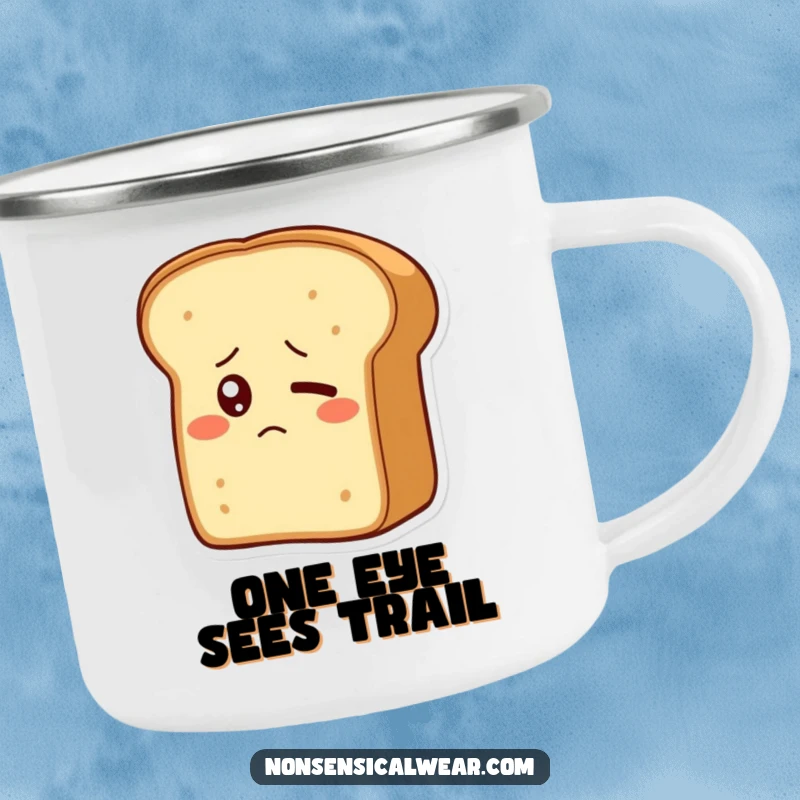 Funny camping mug featuring a bewildered bread loaf with a single shyly blinking eye, perfect for outdoor enjoyment and chuckles.
