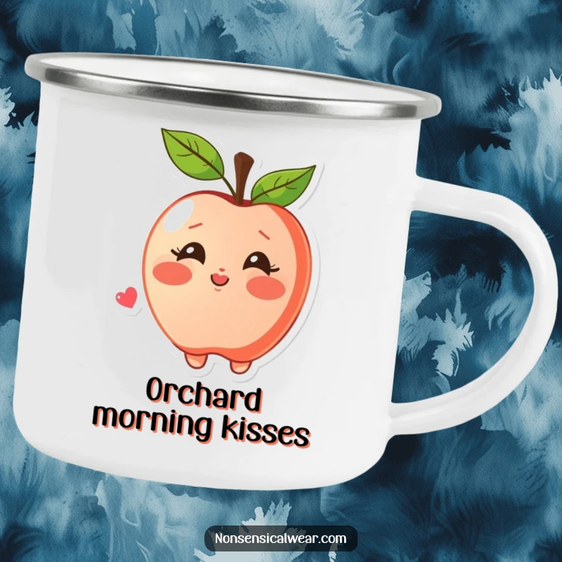 Funny camping mug featuring a blushing apple character joyfully blowing a kiss, perfect for outdoor enjoyment and spreading sweetness.