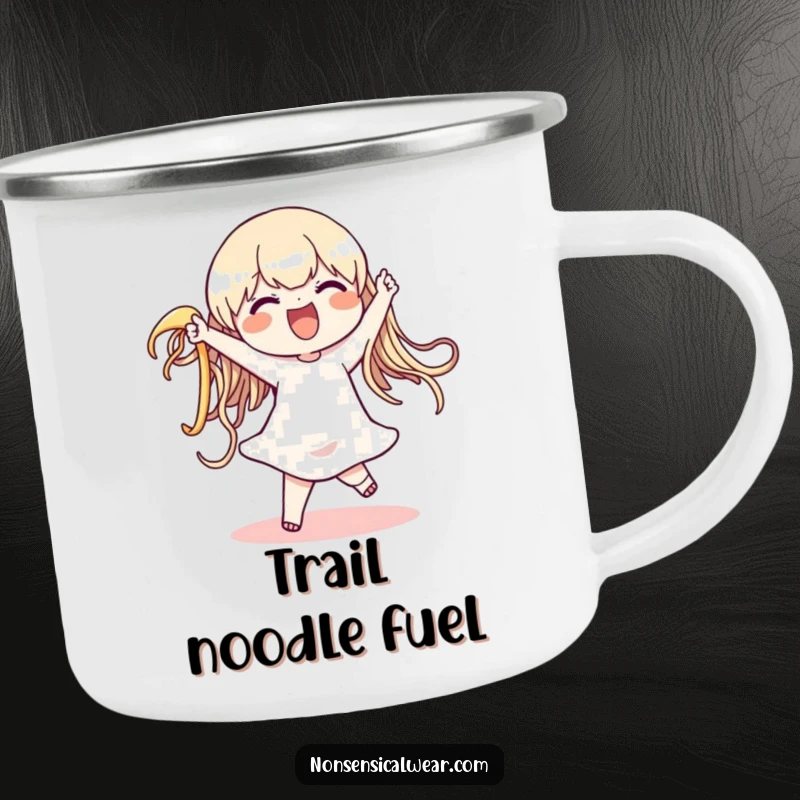 Funny camping mug showing a character doing a silly dance with a giant, wiggly noodle, ideal for hiking, camping, and sipping your favorite funny beverage.