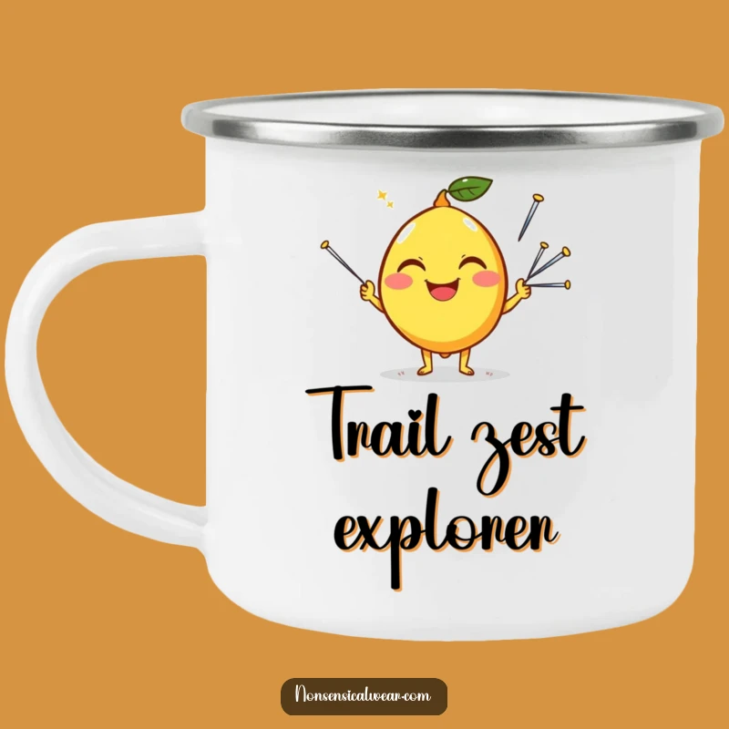 Funny Happy Lemon Juggling Needles Camping Mug: Silly Outdoor Citrus Cup