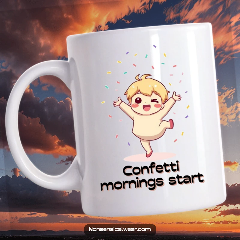 Funny mug: a cute kawaii character joyfully performs a cartwheel while throwing a handful of colorful confetti.