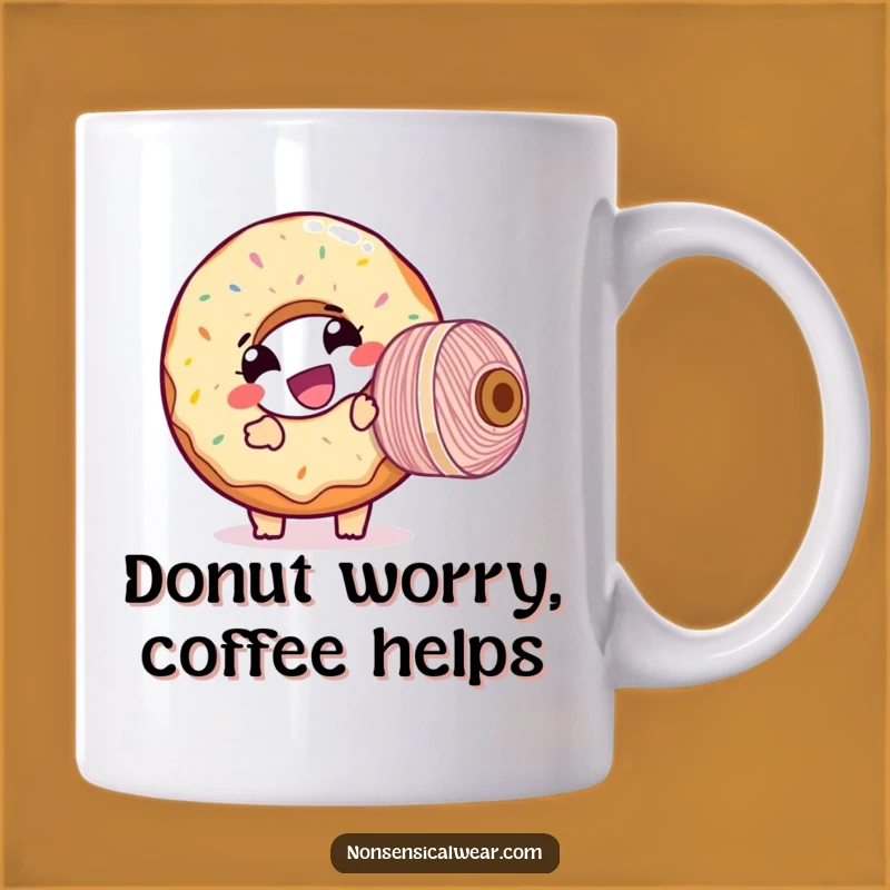 Funny Donut Threader Mug: Giggling Character Tangled in Yarn, Hilarious Gift for Crafters