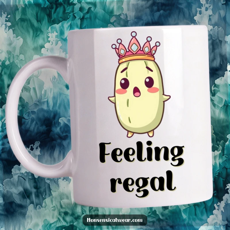 Funny surprised pickle character wearing a tiny crown tilted sideways. A humorous mug for pickle enthusiasts.