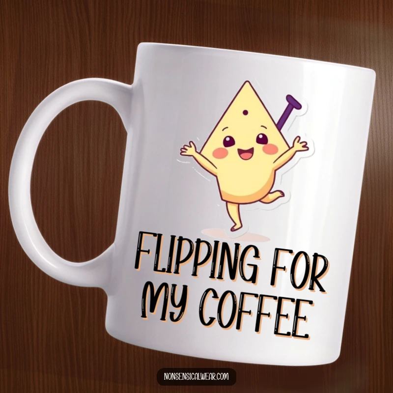 Funny mug featuring a joyful, triangular character happily performing a cartwheel with a big, cheerful expression and dynamic lines.