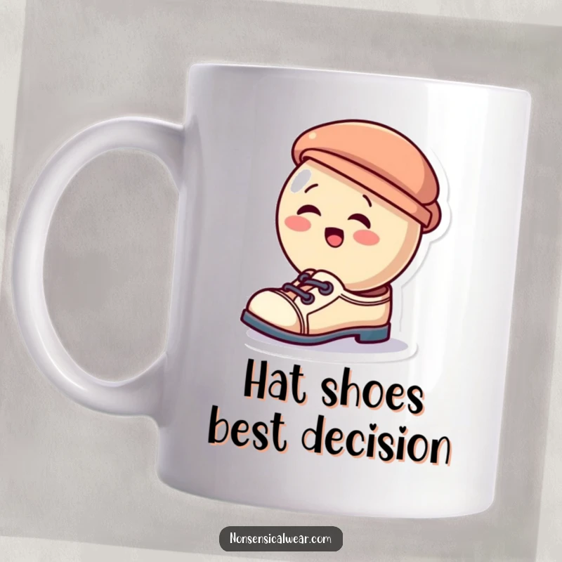 Funny mug showing a giggling button with a tiny hat on its feet, thinking it's wearing shoes, a humorous and cute design.