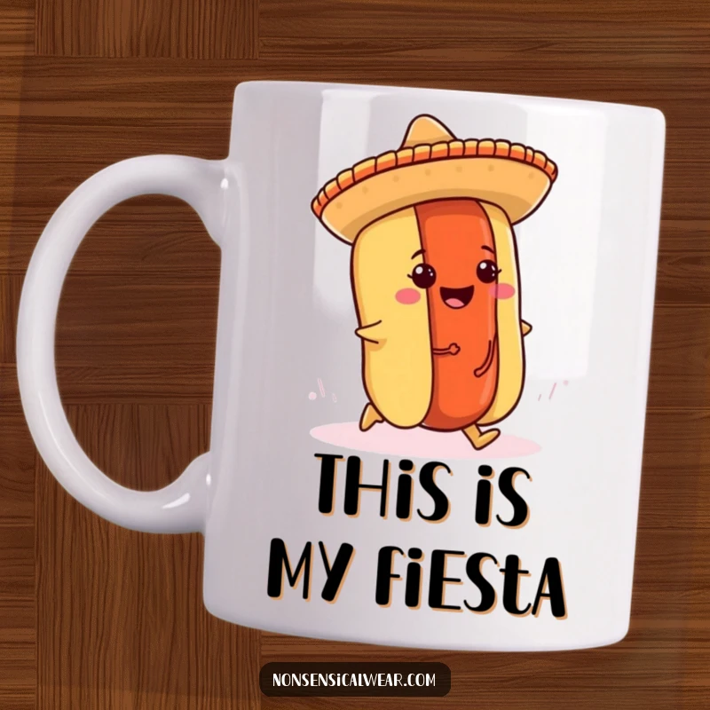 Funny hot dog mug with a cheerful hot dog wearing a mini sombrero, tripping over its own bun, looking surprised.