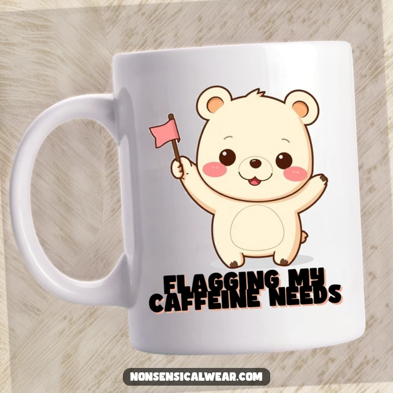 Funny Kawaii Bear Mug: A cute bear waves a tiny flag with a wide, cheerful grin, spreading happiness and humor.