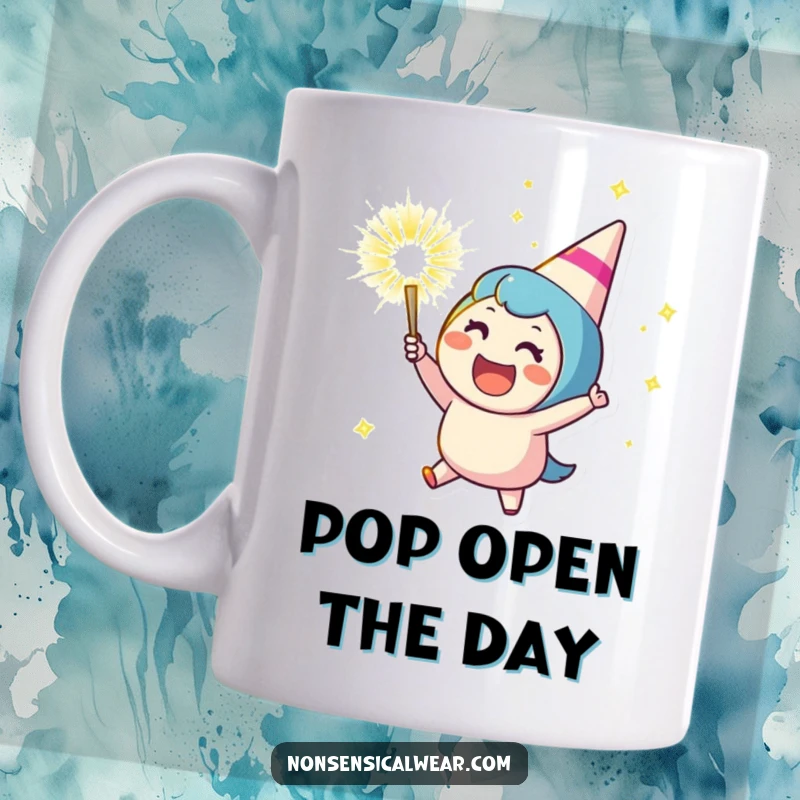 Funny mug showing a cheering character joyfully launching a sparkling party popper, showering confetti and conveying pure, unadulterated celebration and happiness.