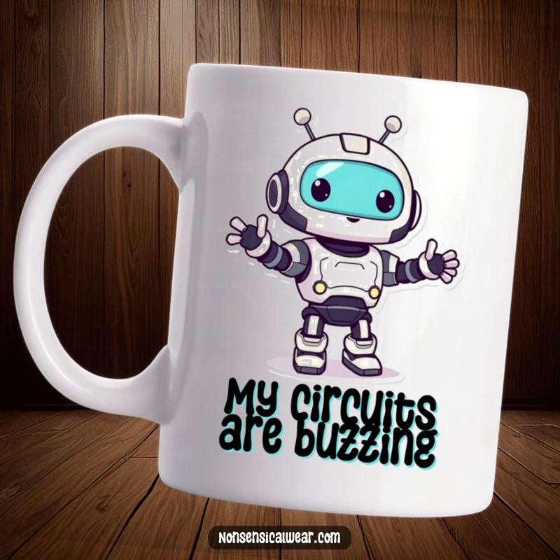 Funny robot mug featuring a cute character doing a happy little bop, perfect for coffee lovers.