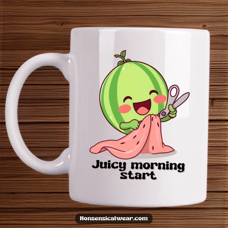 Funny watermelon character cheerfully cutting fabric with scissors on a mug, celebrating creative endeavors.