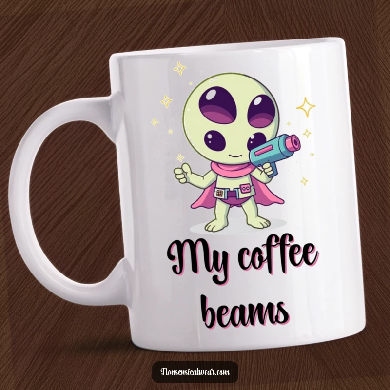 Funny kawaii alien waving a ray gun that shoots colorful sparkles, looking friendly on this mug, perfect for gifting.