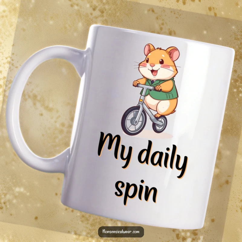 Funny mug showing a cheerful hamster in a vest, expertly riding a tiny unicycle with a big smile.