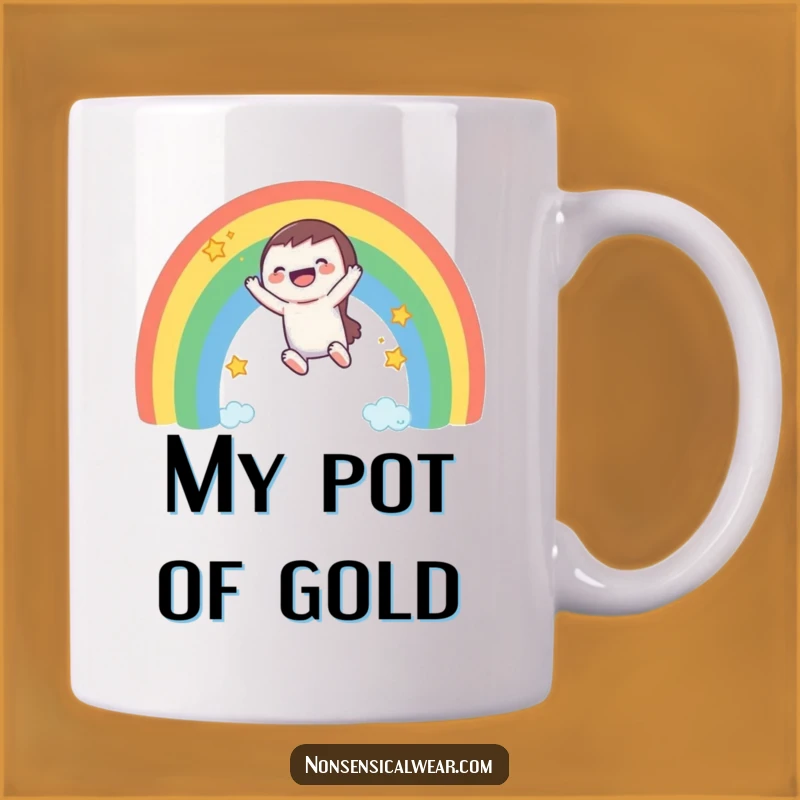 Funny Rainbow Ride Mug: A Laughing Character's Joyful Descent, Perfect Gift!