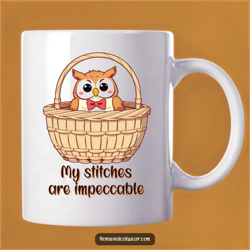Funny Jolly Owl Sewing Gift Mug: A Bow Tie Owl Peeking from a Basket