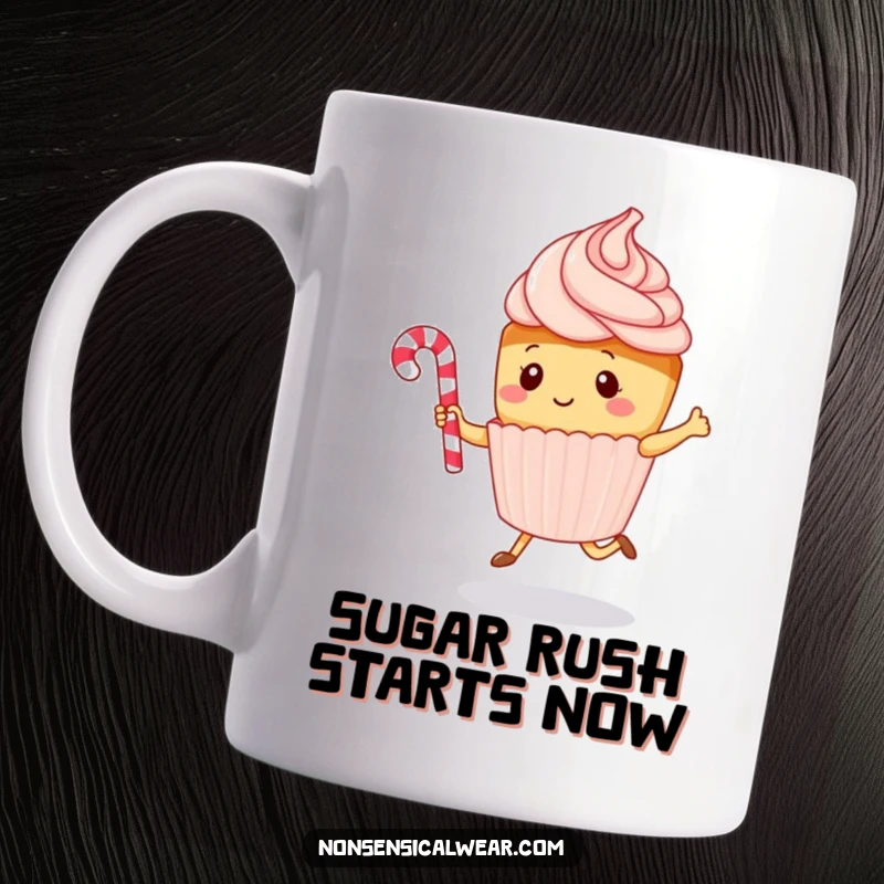 Funny kawaii cupcake character joyfully jumping rope with a candy cane on a ceramic mug, a delightful and humorous gift idea.