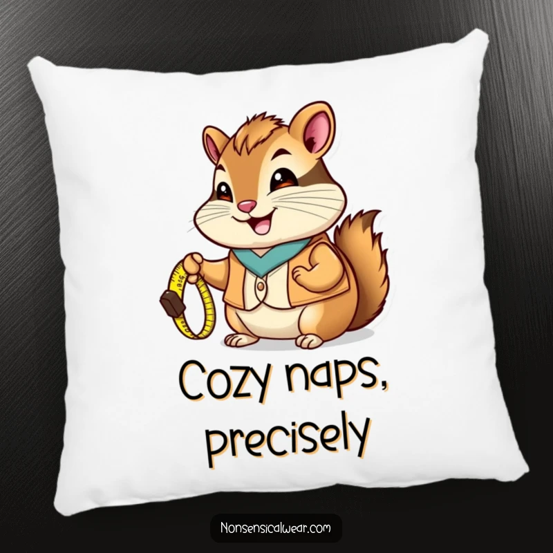 Funny Chipmunk Pillow: A happy chipmunk in a vest holds a tiny measuring tape, offering comfort and a DIY theme.