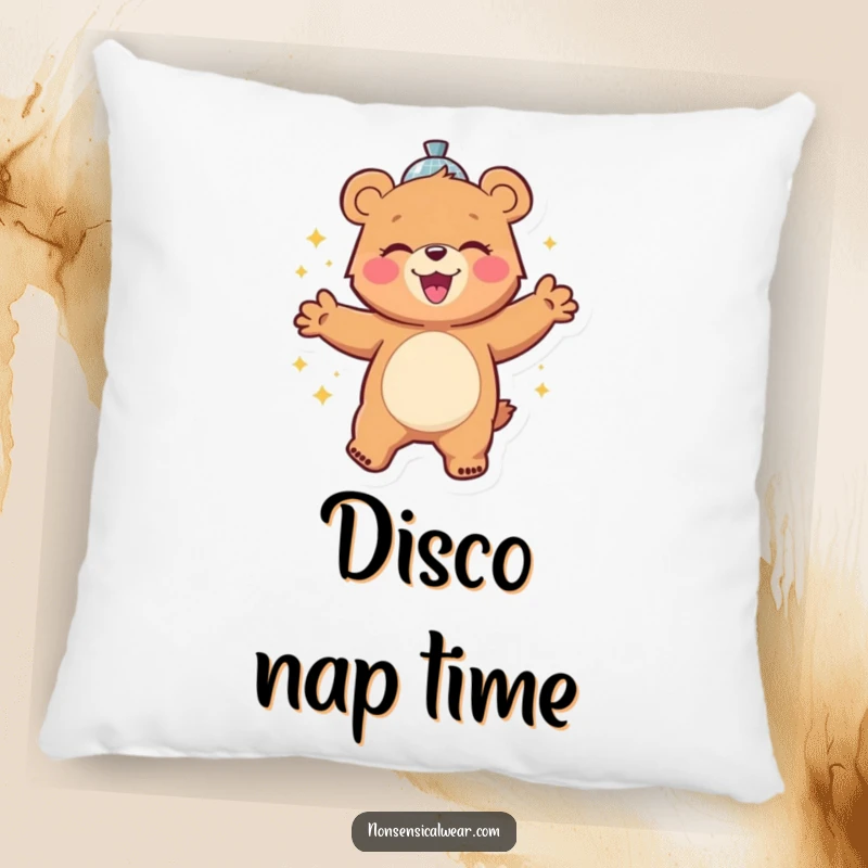 Funny pillow featuring a cheerful bear character gleefully dancing with a disco ball, bringing comfort and a party atmosphere.