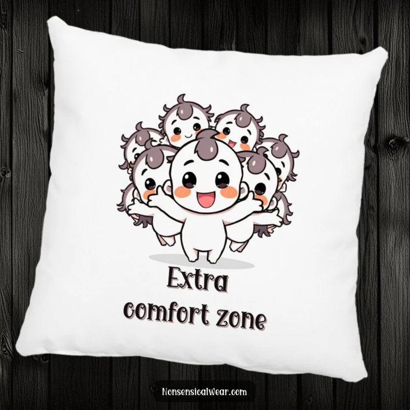 Funny decorative pillow with a cheerful character creating multiple bouncy duplicates, adding playful energy and comfort to any space.