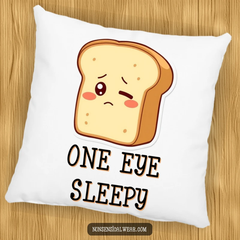 Funny pillow showcasing a bewildered bread loaf with a single shyly blinking eye, a cozy and humorous accent piece.