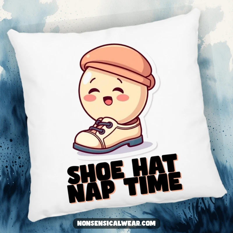 Funny pillow showcasing a giggling button character attempting to wear a small hat as shoes, a cozy and humorous accent.
