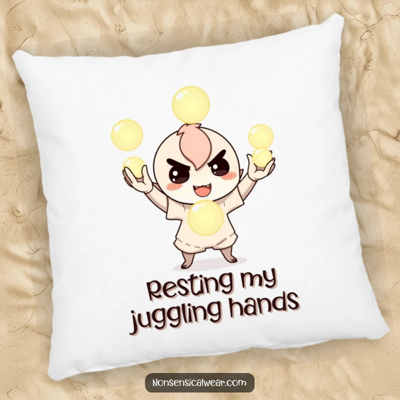 Funny pillow featuring a mischievous character juggling luminous orbs, adding comfort and a magical, playful touch to any room, a cute accent.