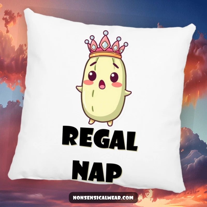 Funny surprised pickle wearing a tiny crown sideways, designed as a humorous pillow.