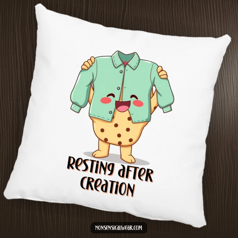 Funny pillow showcasing a happy cookie character proudly displaying a handmade item, offering comfort and crafting inspiration.