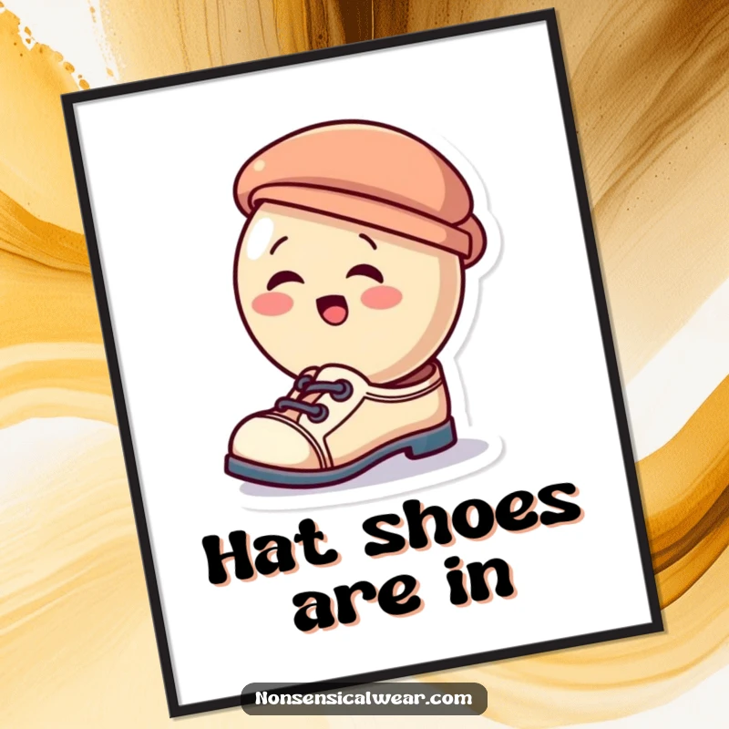Funny digital art print of a giggling button character attempting to wear a small hat as shoes, conveying whimsical humor.