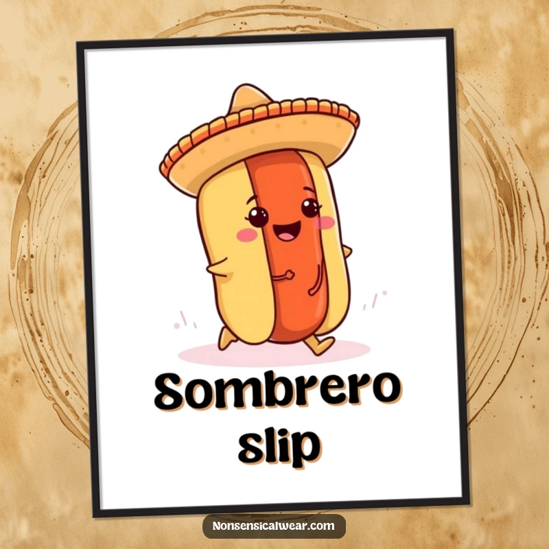 Funny hot dog digital art print of a cheerful hot dog wearing a mini sombrero tripping over its bun.