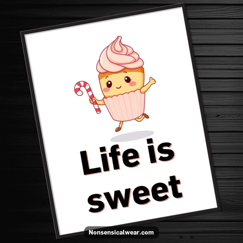 Funny kawaii cupcake character energetically jumping rope with a candy cane, as a digital art print, adding playful charm to decor.