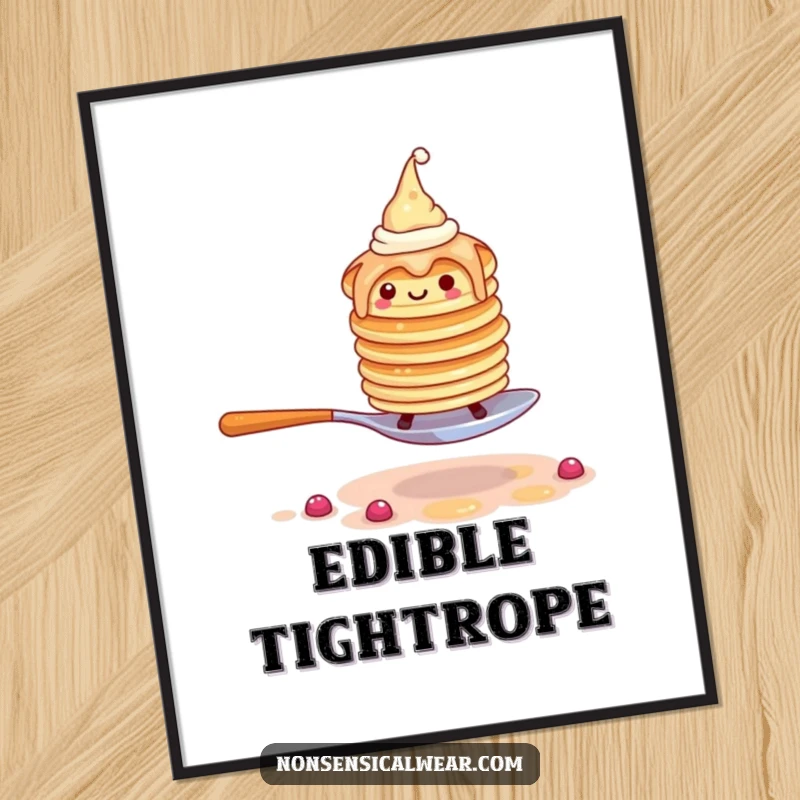 Funny pancake digital art print of a wobbly stack of pancakes wearing tiny hats attempting to walk on a spoon.